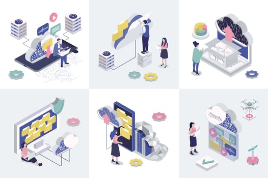 Cloud storage 3d isometry concept for web design. Collection set with isometric people uploading and downloading data in online storage, datacenter processing, hosting service. illustration. vector