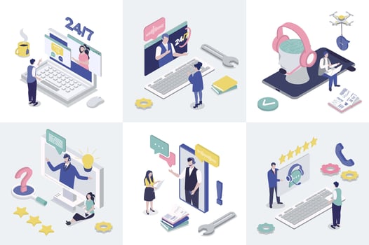 Customer support 3d isometry concept for web design. Collection set with isometric people calling at technical solution center with operators, online assistance and feedback. illustration. vector