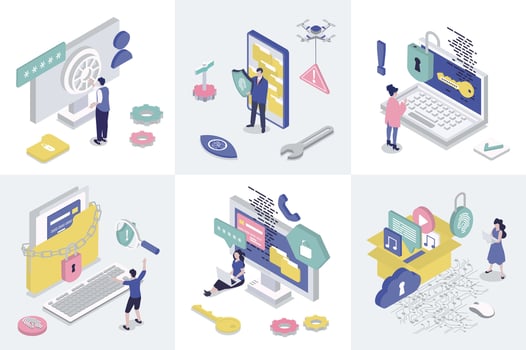 Cyber security 3d isometry concept for web design. Collection set with isometric people using safety access with data privacy protection, fingerprint verification and passwords. illustration. vector