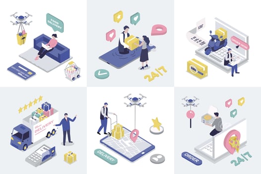 Delivery 3d isometry concept for web design. Collection set with isometric people getting food delivering with drones and couriers, truck transportation, tracking parcels in app. illustration. vector