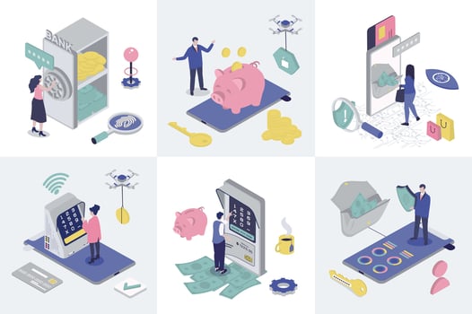 Mobile banking 3d isometry concept for web design. Collection set with isometric people saving money in bank safe, doing financial management in app, cash out in atm, online pays. illustration. vector