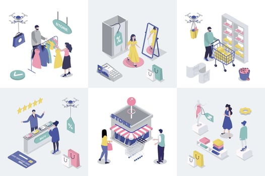 Shopping 3d isometry concept for web design. Collection set with isometric people buying new clothes in retail stores and shops, buying products in supermarket, pay credit card. illustration. vector