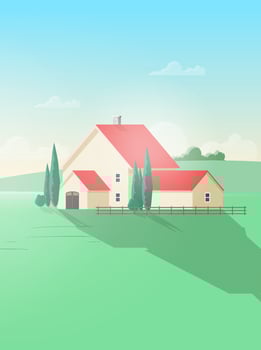 Vertical rural landscape with farm building or cottage and green field or meadow against beautiful sky on background. Gorgeous countryside scenery on sunny day. Colorful illustration. vector