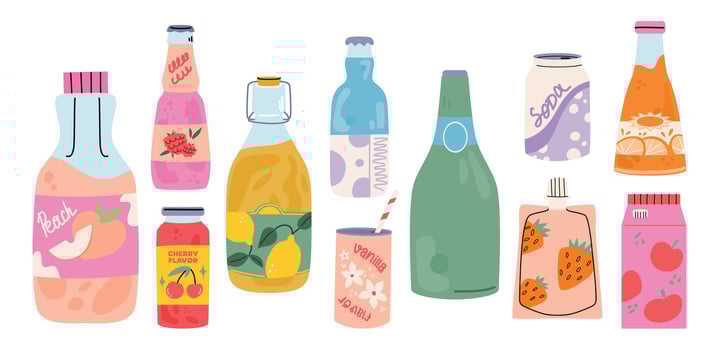 Cold drinks set. Soda water, sweet fizzy beverages, fruit cocktails, juices, lemonades in glass and plastic bottles, aluminum cans and tins. vector