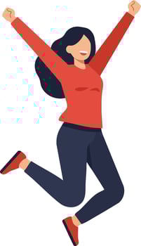 Woman jumping with joy wearing red sweater and dark pants illustration in portrait orientation vector