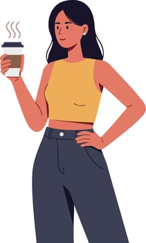 Woman holding hot coffee cup wearing yellow top and dark pants illustration casual lifestyle pose vector