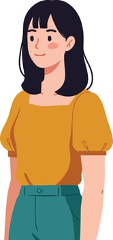 Young woman wearing mustard yellow blouse and teal pants standing in casual pose illustration vector