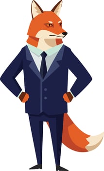 Fox character in business suit standing confidently with hands on hips illustration in professional style vector