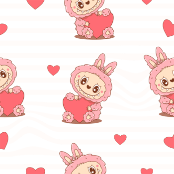 Seamless Pattern with Cute Monster Toy with Heart on striped background png