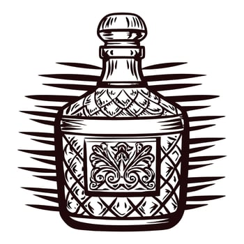 Hand drawn antique crystal decanter with ornate floral engraving in sketch vintage engraving vector