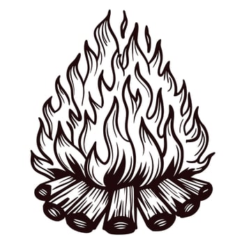 Hand drawn campfire with burning flames and stacked firewood in vintage sketch illustration vector