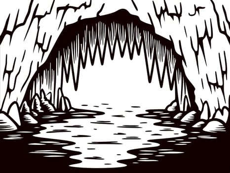 Scenic view of a serene water filled cave with stalactites and rocky formations vector