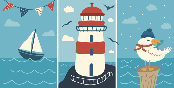 Sailboat at sea with lighthouse and seagulls - summer nautical illustration. Design perfect for summer travel posters, marine adventure cards, or kids wall art vector