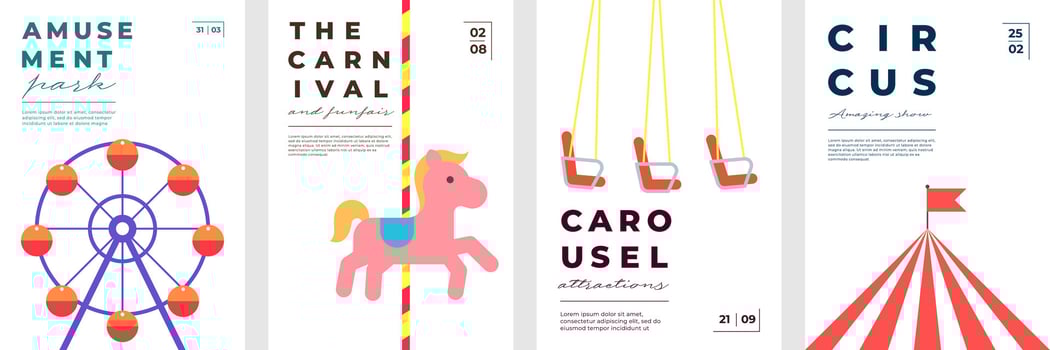 Colorful flat set of circus and amusement park posters. Features carousel, rollercoaster, ferris wheel, and festive elements. Perfect for kids events, city fairs, and summer celebrations. vector