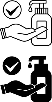 Disinfection Icons. Black and White Illustrations. Washing Hands With Antiseptic. Destruction Of Pathogens Of Infectious Diseases. Hygiene Concept vector