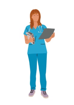 female doctor or nurse standing in blue scrubs vector
