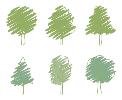 Collection of Six Hand Drawn Trees in Green Scribble Style on a White Background for Nature and Environment Concepts vector