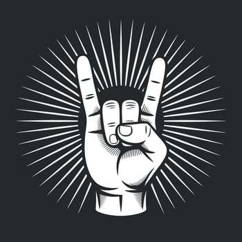 Rock and roll hand gesture with radial rays on a dark background illustration for music and entertainment vector