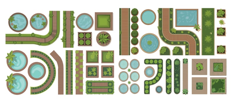 Top View Garden Landscape Elements with Pools Paths and Greenery for Architectural Design and Planning on White Background Isolated vector