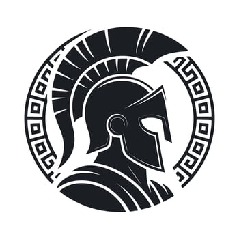 Spartan Warrior Helmet Silhouette with Greek Key Circle Design in Black and White for Logos or Graphic Elements vector