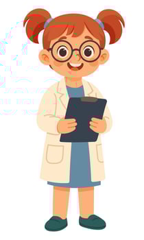 cute girl doctor in a medical gown, with a folder of diagnoses in her hands, helps people, flat vector