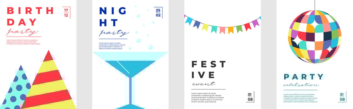 Bright birthday card and poster set with colorful garlands, cocktails and festive typography. Ideal for party invitations, celebration flyers or cheerful holiday greeting templates. vector