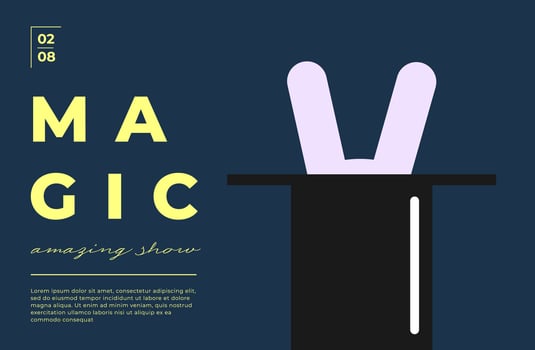 Magical rabbit in hat circus poster. Horizontal minimal layout. Simple graphic bunny, cylinder hat and modern trendy flat typography. Kids whimsical fantasy vibe shows or party invites. vector