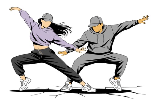 Modern street dance illustration with man and woman in motion, expressive hip hop art style showcasing urban rhythm and style vector