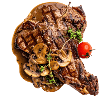 Grilled steak with sauce and mushrooms, garnished with herbs png