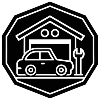 A car inside a garage with a wrench, depicted in a black and white icon vector