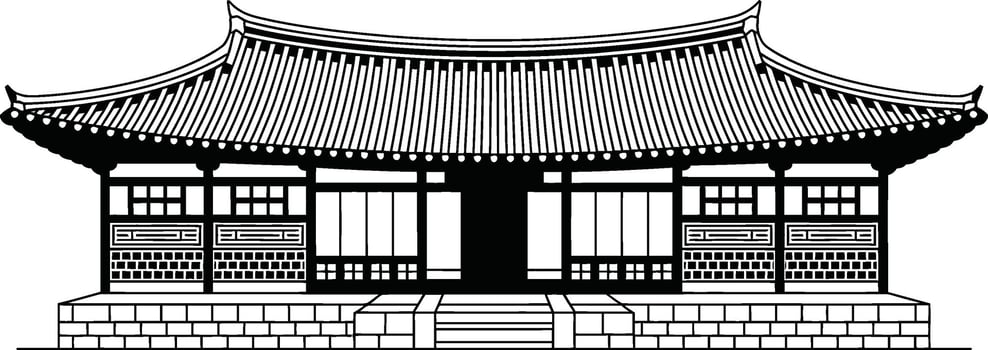 Traditional korean temple architecture black and white illustration design vector
