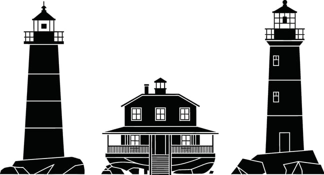Silhouette artwork of lighthouses and a house building isolated on a white background vector
