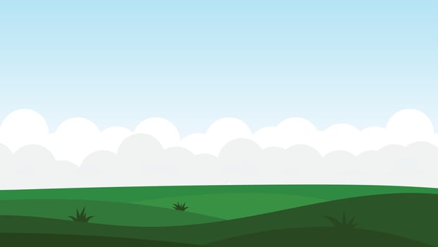 summer landscape with green field and white cloud on blue sky background. nature cartoon scene vector