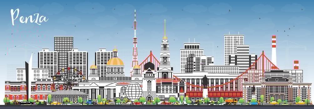 Penza Russia city skyline with color buildings and blue sky. Penza cityscape with landmarks. Business travel and tourism concept with modern and historic architecture. vector