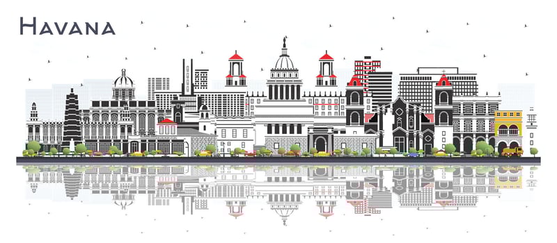 Havana Cuba City Skyline with Color Buildings and reflections Isolated on White. Illustration. Travel and Tourism Concept with Historic and Modern Architecture. Havana Cityscape with Landmarks. vector