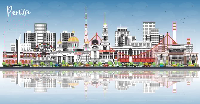 Penza Russia city skyline with color buildings, blue sky and reflections. Penza cityscape with landmarks. Business travel, tourism concept with modern and historic architecture. vector