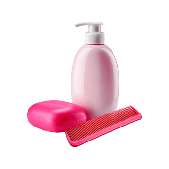 Bottle of shampoo, soap and comb on transparent background png