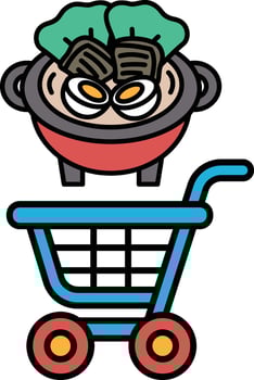 A cartoonish image of a shopping cart with a pot of food on top of it vector