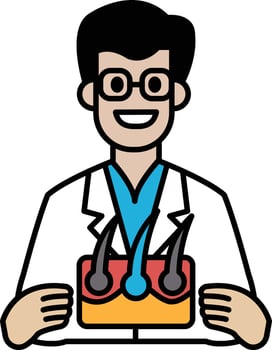 A man in a white lab coat holding a model of a human head vector