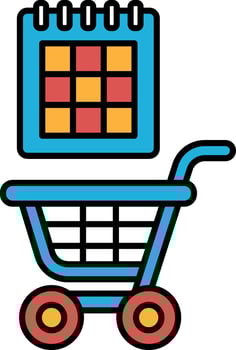 A blue shopping cart with a red and yellow calendar on top vector