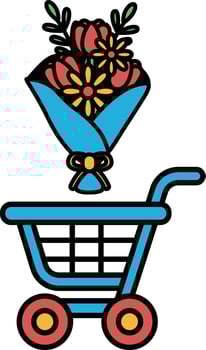A blue shopping cart with a bouquet of flowers on top vector
