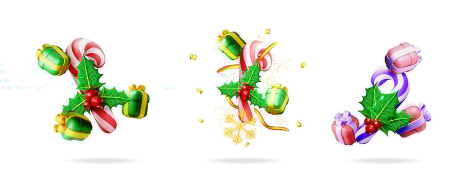 Christmas 3d holiday decoration set. Green berry, red holly leaf decoration. White background isolated new year element icon. vector