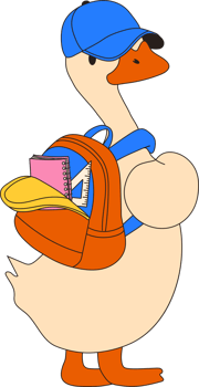 A cartoon goose with a backpack, all prepared and excited for school. png