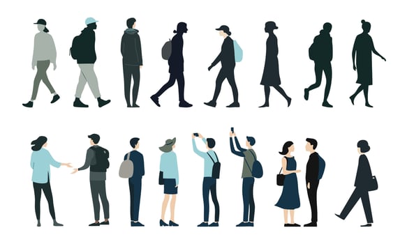 Diverse people silhouettes set. Flat collection of men and women standing, walking. Tourists. Black and colored vector