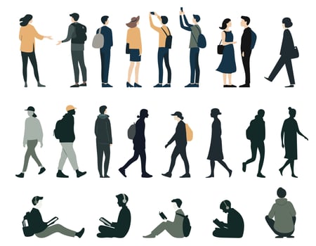 Diverse people silhouettes set. Flat collection of men and women standing, walking, sitting. Black and colored vector
