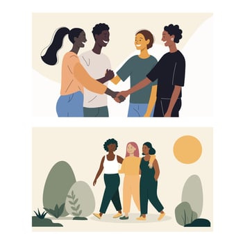Two flat scenes with multicultural friends. People talking, laughing and enjoying casual moments. vector