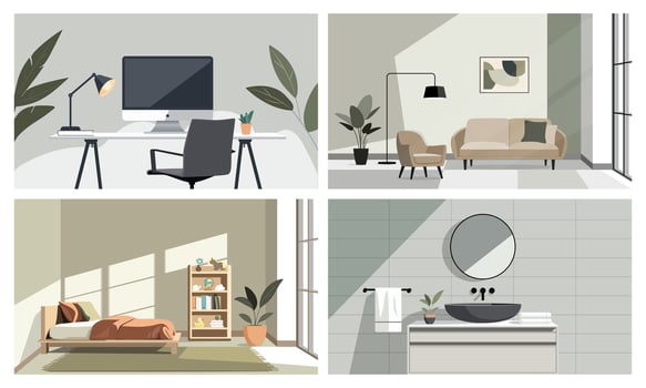 Modern apartment interior. Flat set of home office, living room, kids room and bathroom corner in neutral tones vector