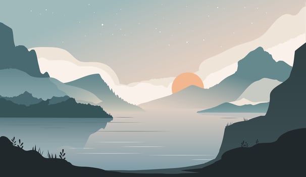 Calm sunset with mountains, water and glowing stars. Scenic landscape background vector