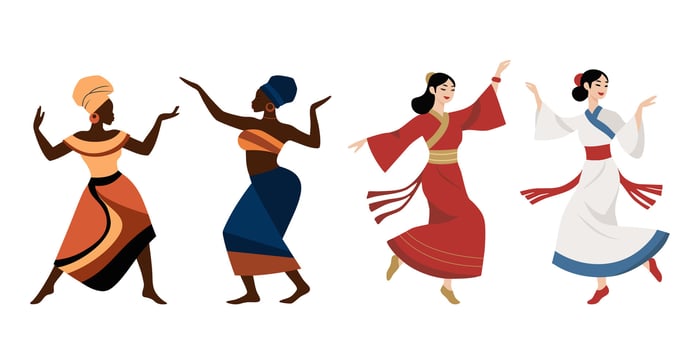 Asian and african women dancing in traditional clothing. Vibrant cultural celebration flat vector