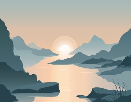 One man came to relax on the shore of the lake. Beautiful sunset in the mountains. Illustration in pastel colors vector